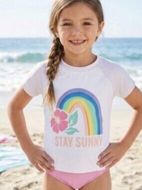 Cat & Jack Rainbow Flower "Stay Sunny" White short-sleeve Swim Shirt Rash Guard
